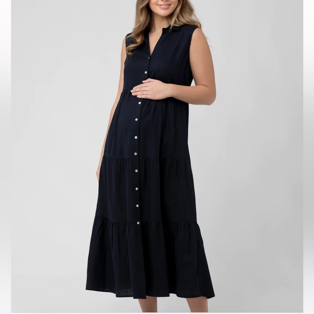 Ripe Maternity Tracy Tiered Linen Dress Navy
